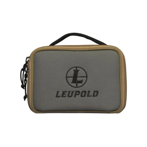 Leupold Rendezvous pistol case, grey front view with tan trim, handle and logo