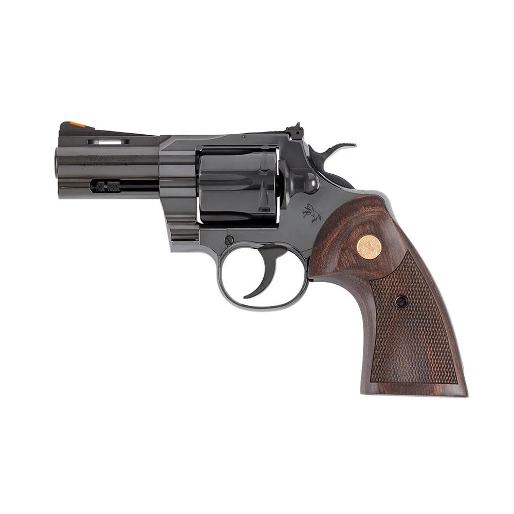 primary-2500 Colt Python Blued Handgun dark side view with walnut grips and exposed hammer