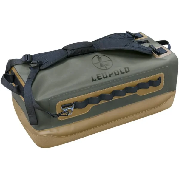 Leupold Rendezvous 40L Dry Duffle Bag, olive and tan front side view with handles and straps