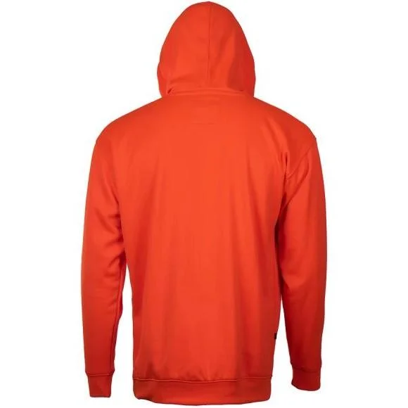 primary-25016 Leupold Distressed Reticle Performance men's hoodie in blaze orange, rear view with hood