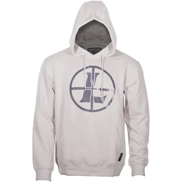 Leupold Distressed Reticle Hoodie Bone, front view with hood, drawstrings and reticle chest graphic