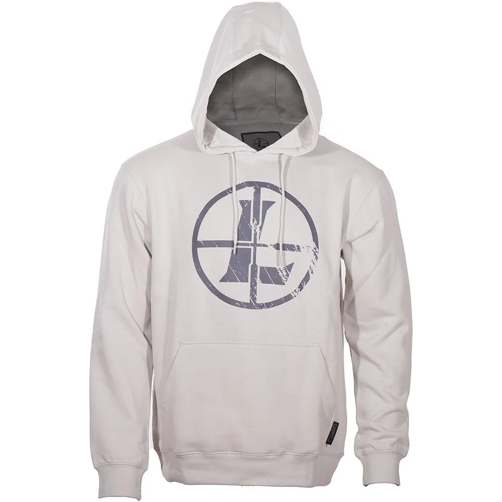 primary-25055 Leupold Distressed Reticle Hoodie, bone-colored front view with hood, drawstrings and chest logo