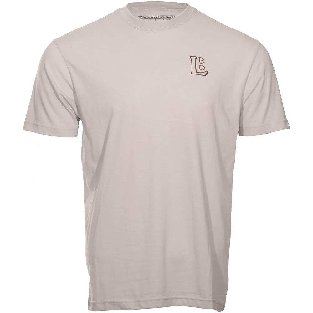primary-25059 Leupold Premium Optics Short Sleeve Tee, sand colour front view with small chest logo