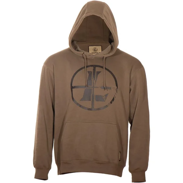 Leupold Distressed Reticle Hoodie Otter, front view with hood, pouch pocket and chest logo