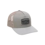 Leupold USA Trucker Hat, khaki grey front three-quarter view with logo patch and mesh back