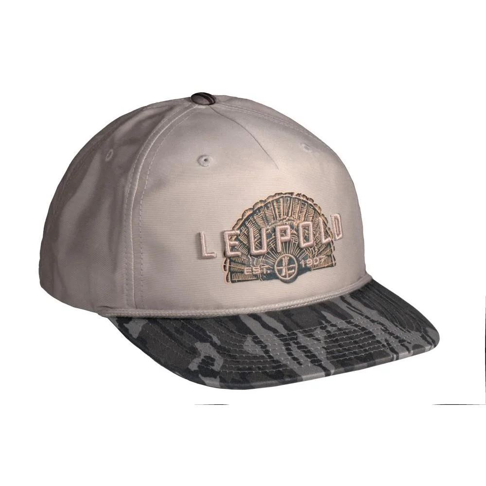 primary-25099 Leupold Turkey Fan Retro Roper cap, front view with sand crown, embroidered logo and camouflage bill