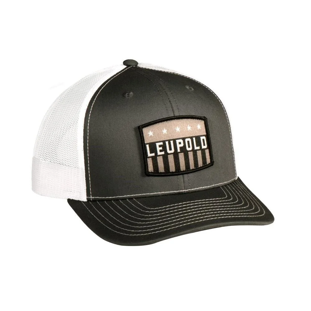 primary-25100 Leupold USA Trucker Cap, charcoal front view with white mesh back, logo patch and curved brim