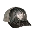 Leupold Turkey Trucker cap in camouflage and khaki, front three-quarter view