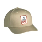 Leupold Eagle Badge Trucker Cap, khaki front view with eagle USA patch and curved brim