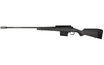 Savage Arms SAV 110 LONG RANGE HNTR black rifle, right-side view with long barrel and synthetic stock