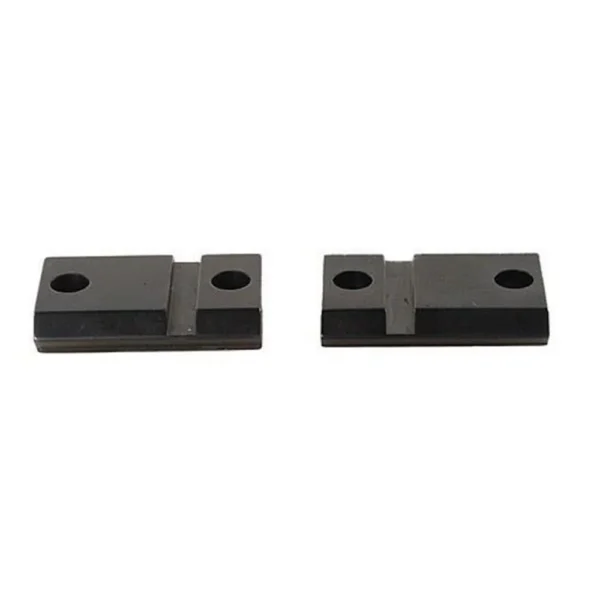 Leupold QRW base, top view of two gloss black mounting pieces with screw holes