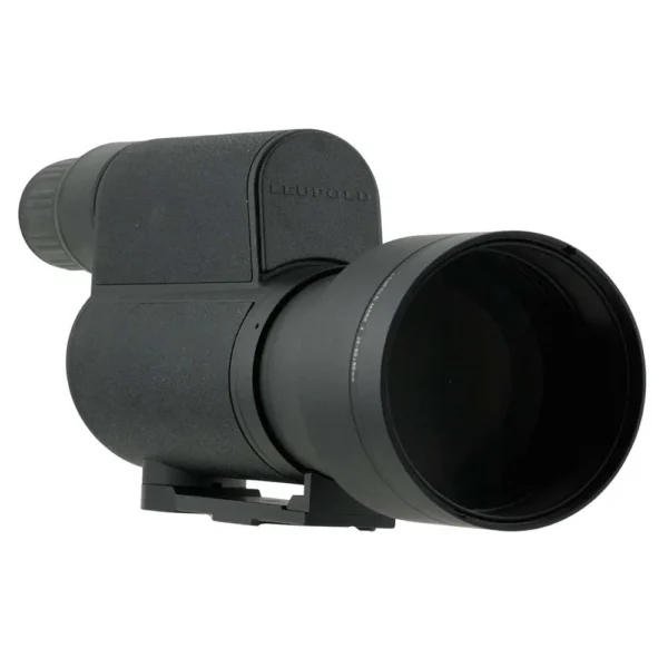 Leupold Mark 4 black spotting scope in angled side view with eyepiece, sunshade and mounting foot