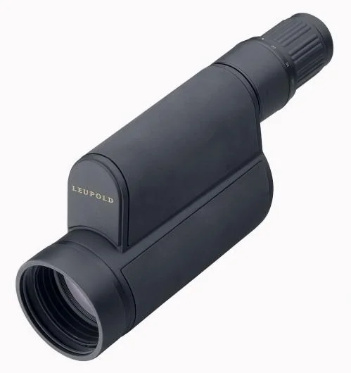 Leupold Mark 4 Spotting Scope, angled front view of black scope with eyepiece and objective lens