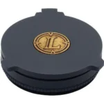 Leupold Alumina Flip-Back Lens Cover 24mm, black round cover with gold Leupold logo, front view