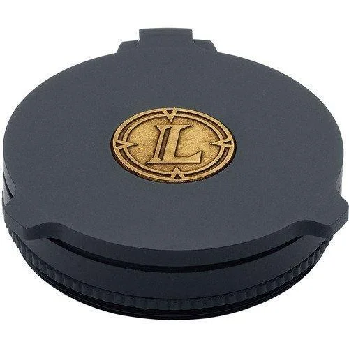 Leupold Alumina Flip-Back Lens Cover 24mm, black round cover with gold Leupold logo, front view