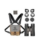 Leupold BX-3 Alpine HD binocular, front view with tan harness, caps and accessories