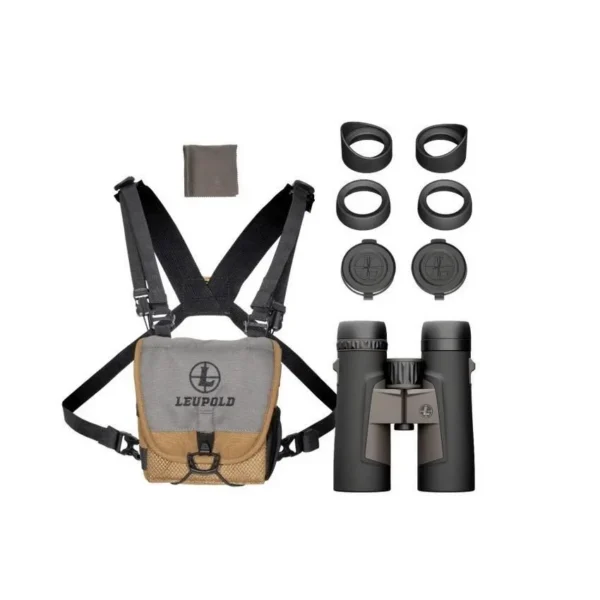 Leupold BX-3 Alpine HD binocular, front view with tan harness, caps and accessories