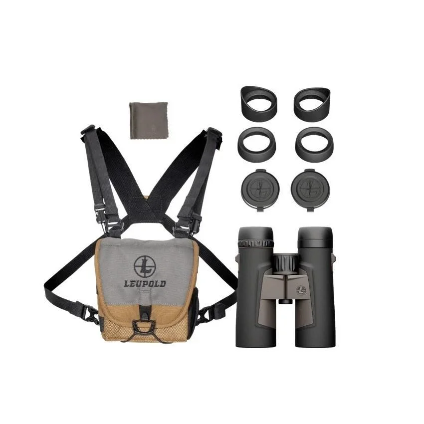 primary-25183 Leupold BX-3 Alpine HD binocular, front view with tan harness, caps and accessories