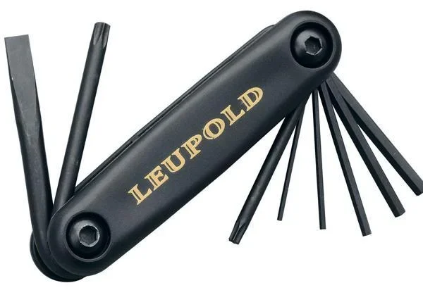 Leupold Scope Smith Mounting Tool, black folding tool with multiple extended hex keys