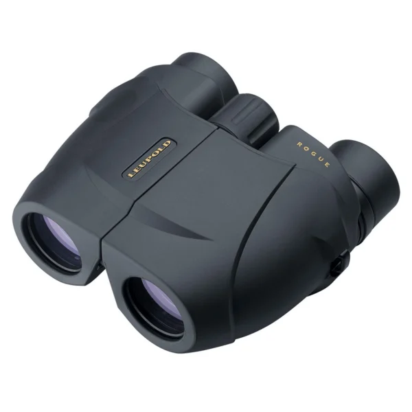 Leupold BX-1 Rogue Compact Binocular, black, front-left view with twin objective lenses