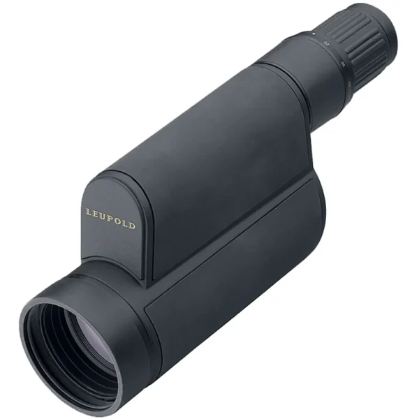 Leupold Mark 4 Tactical spotting scope, angled front view, black body and eyepiece