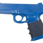 Pachmayr Tactical Grip Gloves - S&W Sigma, black textured grip sleeve on blue pistol, left-side view