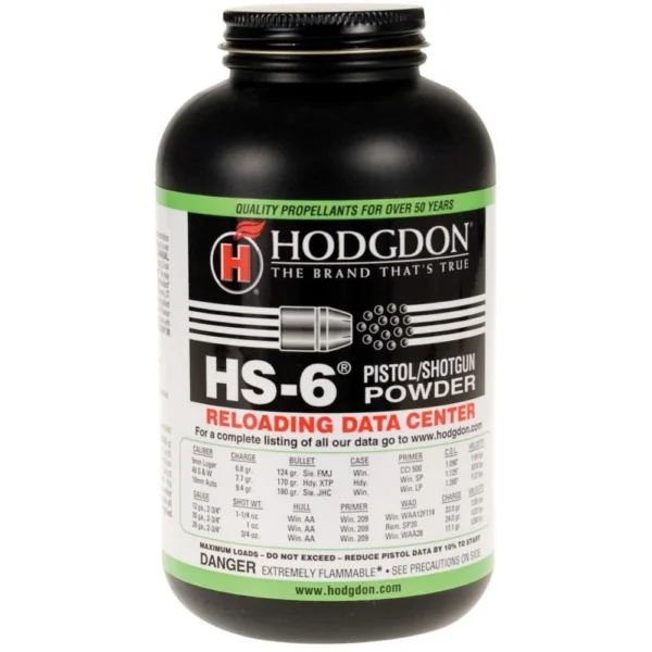 Hodgdon HS-6 powder, black bottle with green and white label, front view
