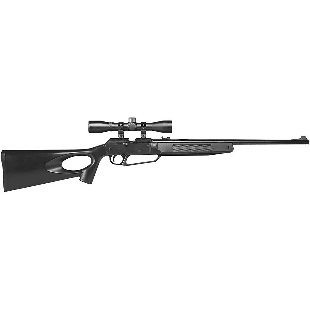 primary-25314 Daisy Winchester Model 1977XS black rifle, right-side view with thumbhole stock and mounted scope