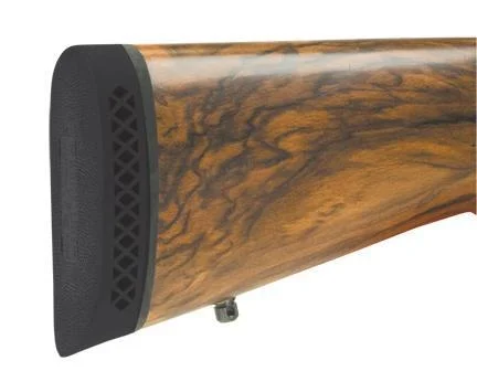 primary-25324 Pachmayr Deluxe Recoil Pad, black rear pad shown mounted on a brown wood stock