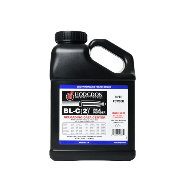 Hodgdon BLC-2 Spherical Rifle Powder, front view of black handled bottle with label