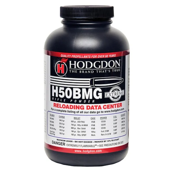 Hodgdon Extreme H50BMG Rifle Powder, front view of black bottle with red and white label