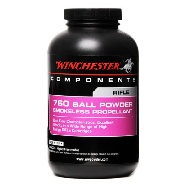 Winchester 760 Powder black bottle with black cap and red, black and purple label, front view