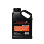 Winchester 296 Powder, black handled bottle with red and white label in front view