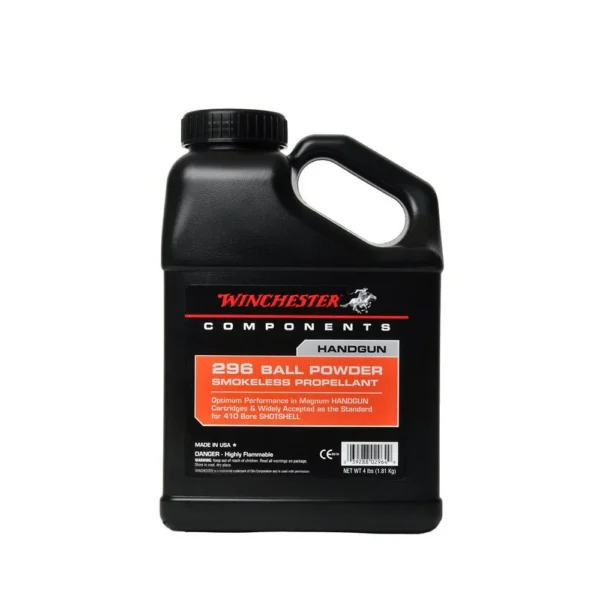 Winchester 296 Powder, black handled bottle with red and white label in front view