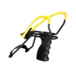 Daisy P51 Slingshot, front three-quarter view with black grip, frame and yellow bands