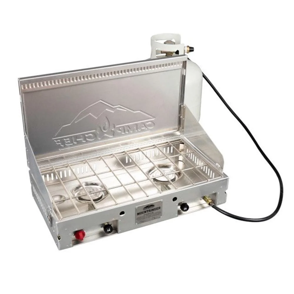 primary-25403 Camp Chef Mountaineer Aluminum Cooking System, open silver stove with two burners and hose