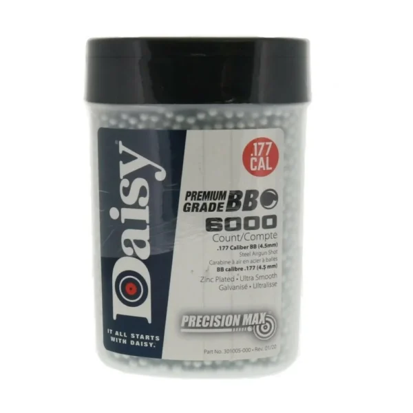Daisy PrecisionMax Airgun BBs, clear bottle with black cap and silver BBs visible inside