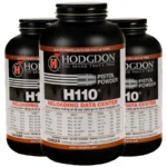 Hodgdon H110 powder, front view of three black bottles with red, white and black labels
