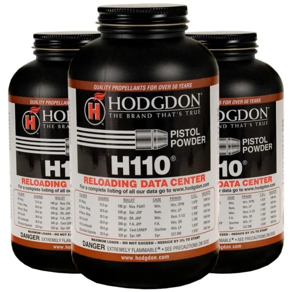 Hodgdon H110 powder, front view of three black bottles with red, white and black labels