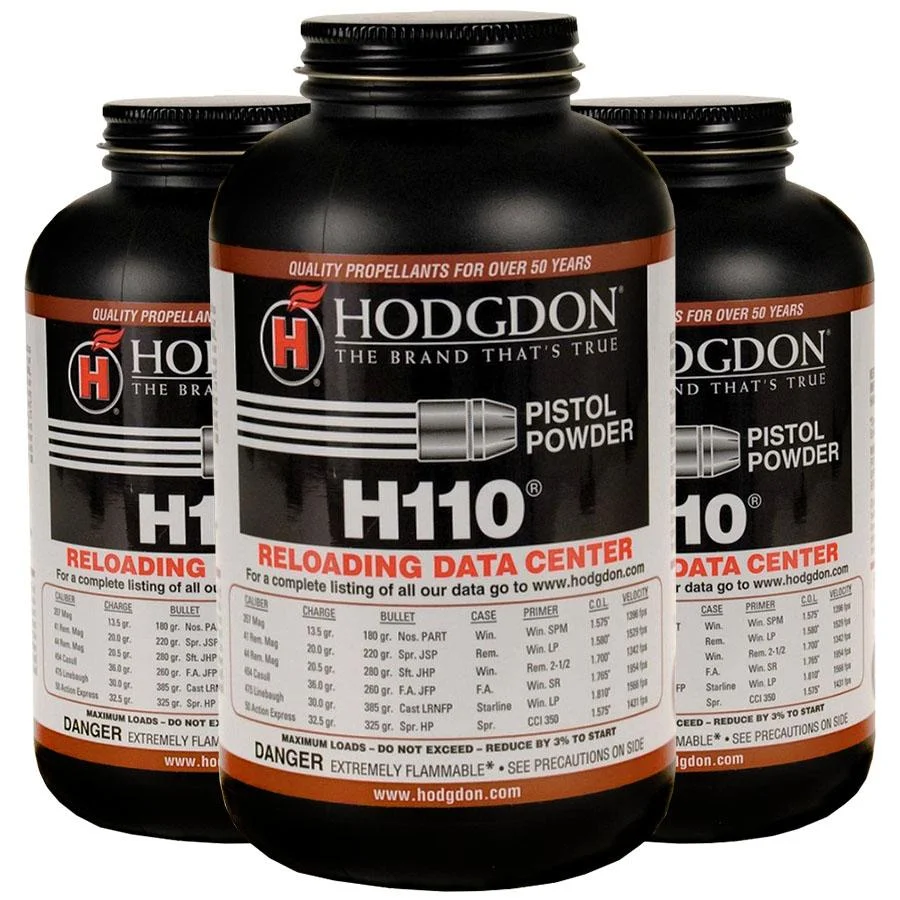 primary-25412 Hodgdon H110 powder, front view of three black bottles with red, white and black labels