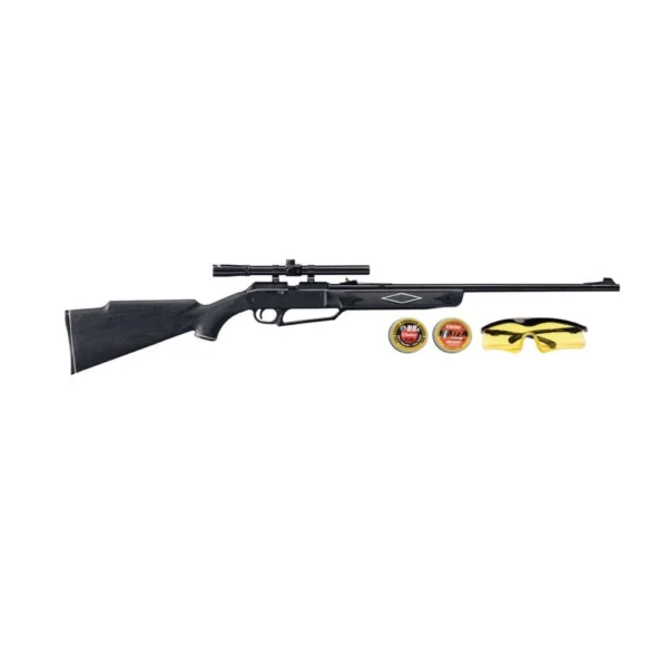 Daisy Powerline 880 Pump Air Rifle Kit right-side view with scope and small accessories