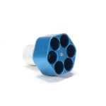 Pachmayr Aluminum Speedloader, blue six-chamber front view with silver knurled knob