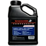 Winchester Powder Staball Match, black handled jug in front view with blue and red label