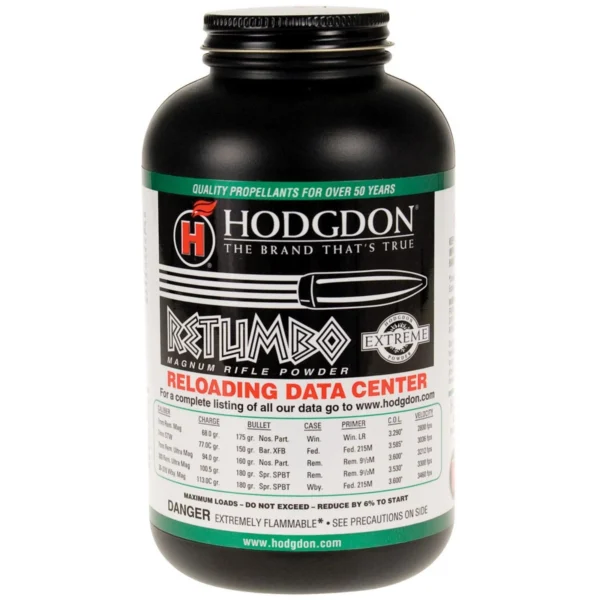 Hodgdon Extreme Retumbo rifle powder, front view of black bottle with branded label