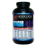 Hodgdon High Gun powder, front view of black bottle with blue and purple label