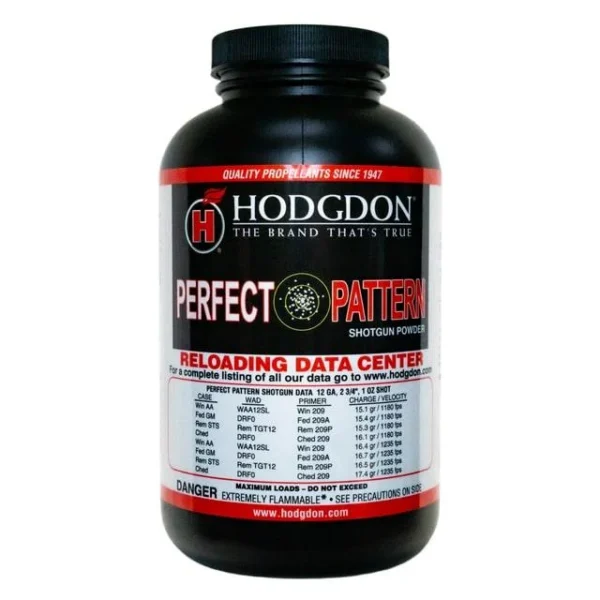 Hodgdon Perfect Pattern Shotgun Powder, black bottle with red, white and black front label