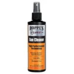 Hoppe's Elite Gun Cleaner black spray bottle with orange and white label, front view