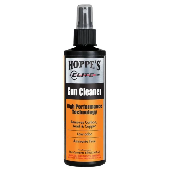 Hoppe's Elite Gun Cleaner black spray bottle with orange and white label, front view