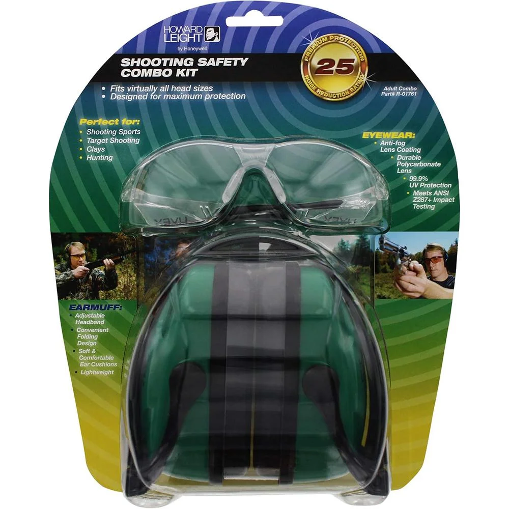 primary-25475 Howard Leight Shooting Sports Safety Combo Kit, green ear muffs and clear glasses in retail packaging