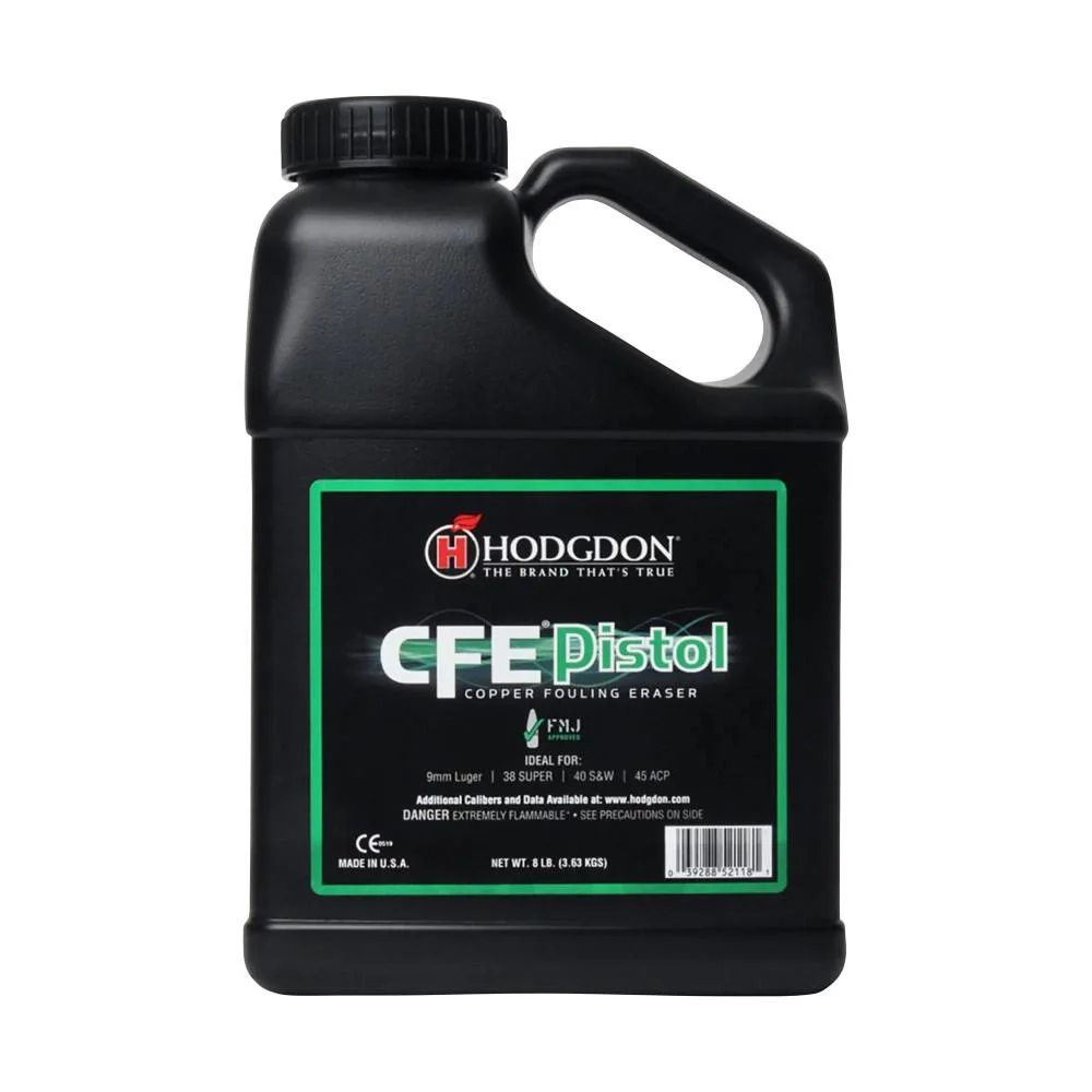 primary-25491 Hodgdon CFE Pistol Powder black jug front view with handle, screw cap and green-bordered label